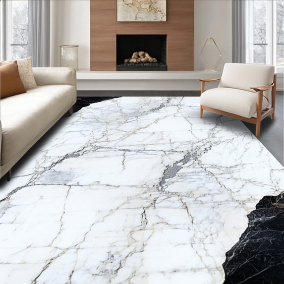 ODIKA 6'x9' Machine Washable Non-Slip Area Rug, Sleek Marble with Non Slip Backing and Pile High Traffic Rug, White, 84868