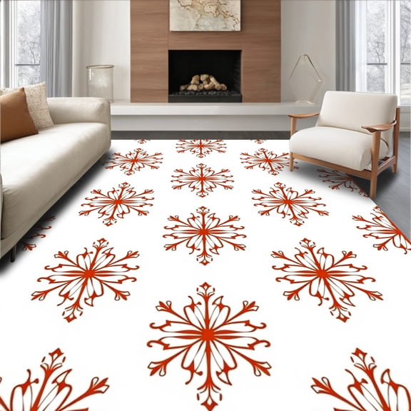 ODIKA 4'x6' Machine Washable Non-Slip Area Rug, Snowflake with Twinkling Sequin Motifs and Festive Flourishes High Traffic Rug, Red, 633740
