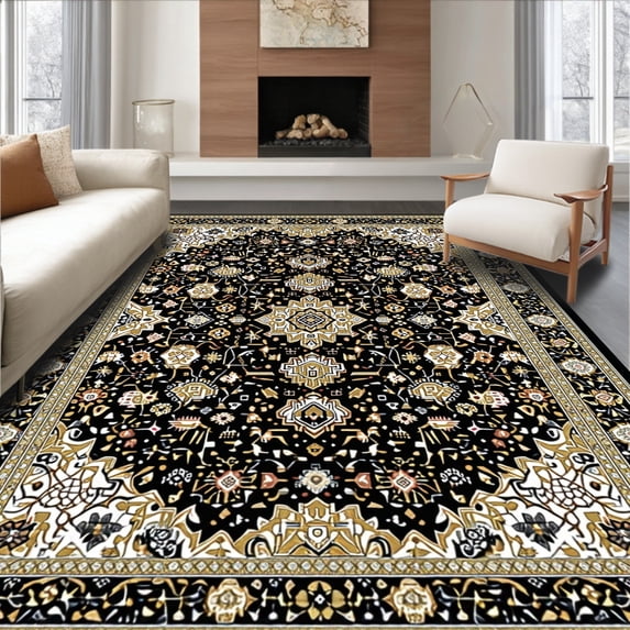 ODIKA 4'x6' Machine Washable Non-Slip Area Rug, Sophisticated Abstract Geometric Layout High Traffic Rug, Black, 10467
