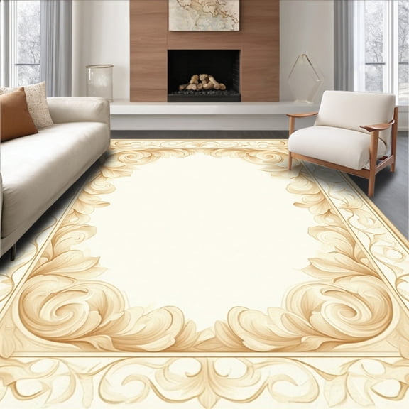 ODIKA 4'x6' Machine Washable Non-Slip Area Rug, Sophisticated Beige Bathroom With Scroll Design For High Traffic Rug, Beige, 47165