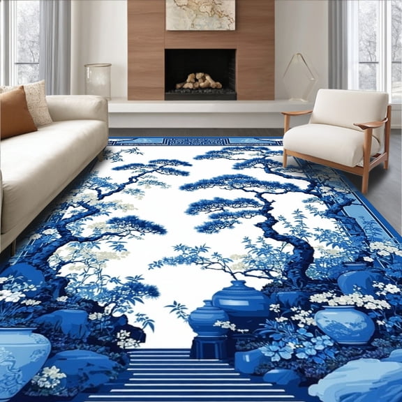 ODIKA 8'x10' Machine Washable Non-Slip Area Rug, Sophisticated Toned Lattice Style High Traffic Rug, Blue, 29166