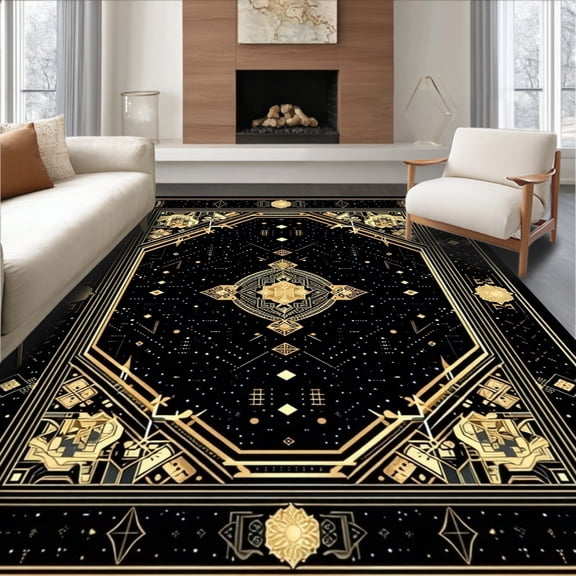 ODIKA 8'x10' Machine Washable Non-Slip Area Rug, Sophisticated with Elegant Black and Gold Detailing High Traffic Rug, Black, 84320