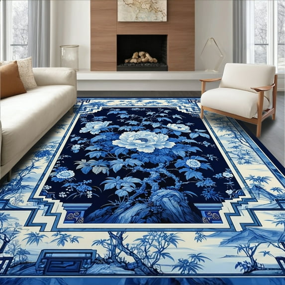 ODIKA 2'x3' Machine Washable Non-Slip Area Rug, Sophisticated Floral Chinoiserie Aesthetic High Traffic Rug, Blue, 29130