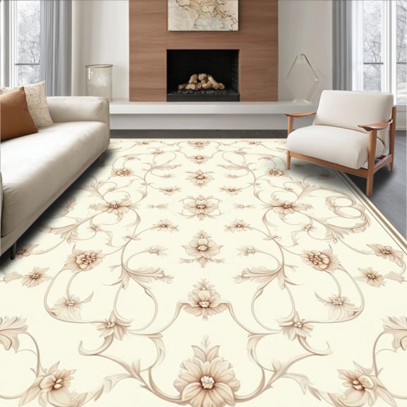 ODIKA 8'x10' Machine Washable Non-Slip Area Rug, Sophisticated Hooked Showcasing Baroque Swirls and Delicate Petal Motifs High Traffic Rug, Beige, 228724