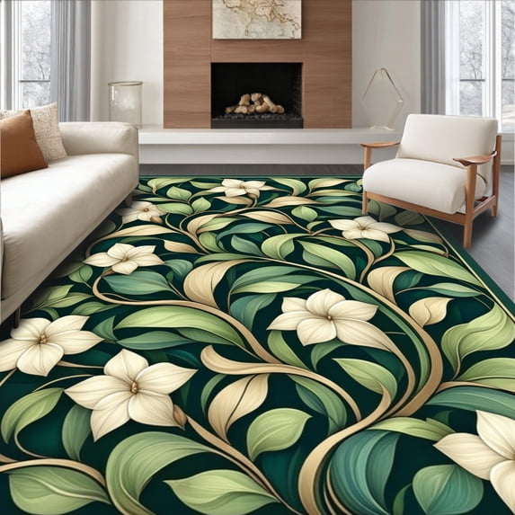 ODIKA 6'x9' Machine Washable Non-Slip Area Rug, Sophisticated Leafy Vine With Abstract Floral Geometry High Traffic Rug, Green, 221700