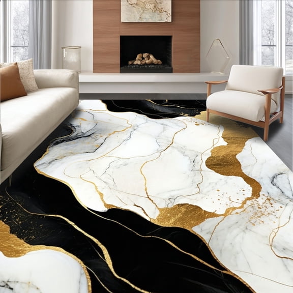 ODIKA 4'x6' Machine Washable Non-Slip Area Rug, Sophisticated Marble Inspired Black and Gold Abstract Floor High Traffic Rug, Black, 132527