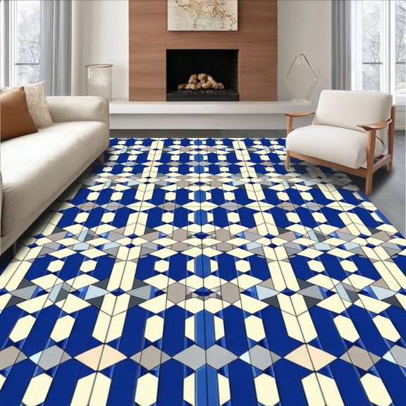 Flatwoven High Traffic Area Rug, Sophisticated Mosaic Tile Runner with Repeated Geometric Motifs, Non Slip, Stain Resistant, Washable Area Rugs for Living Room, Bedroom(Blue, 2X3)