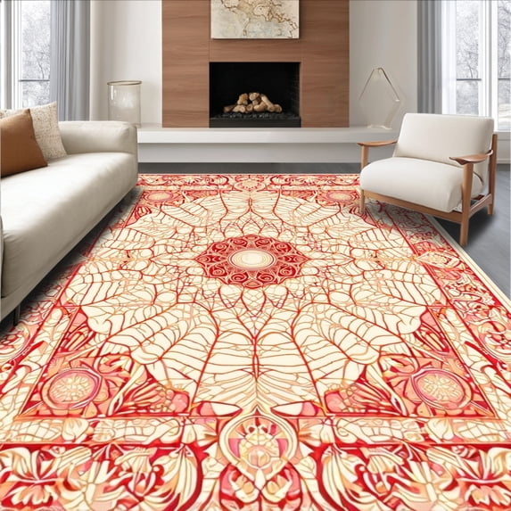 ODIKA 8'x10' Machine Washable Non-Slip Area Rug, Spiderweb Medusa Hearth Gathering Coral Artistic High Traffic Rug, Red, 194546