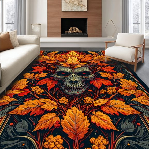ODIKA 2'x3' Machine Washable Non-Slip Area Rug, Splitleaf Arch Design With Big Medusa Outline and Fiery Hop High Traffic Rug, Orange, 192080
