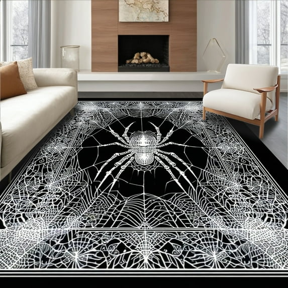 ODIKA 2'x3' Machine Washable Non-Slip Area Rug, Spooky Spider Web High Traffic Rug, Black, 85219