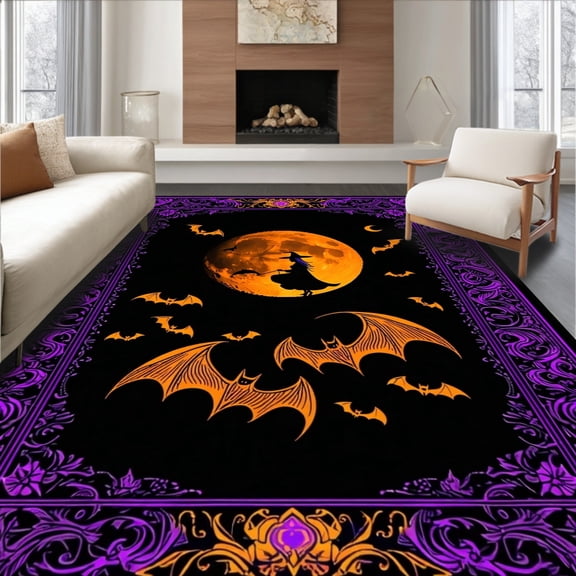 ODIKA 4'x6' Machine Washable Non-Slip Area Rug, Spooky Witch Halloween Entry Decorative Autumn High Traffic Rug, Black, 100976