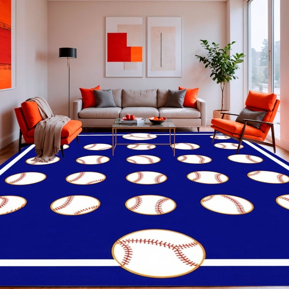 ODIKA 6'x9' Machine Washable Non-Slip Area Rug, Sports Icon Motif Featuring Baseball Stitch and Graphic Symbols High Traffic Rug, Blue, 129584