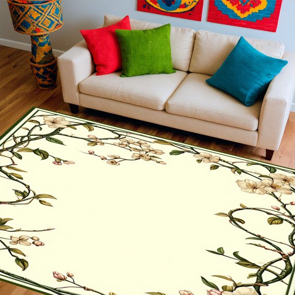 Flatwoven High Traffic Area Rug, Spring Bloom Vine & Blossom Interlace, Non Slip, Stain Resistant, Washable Area Rugs for Living Room, Bedroom(Beige, 3X5)
