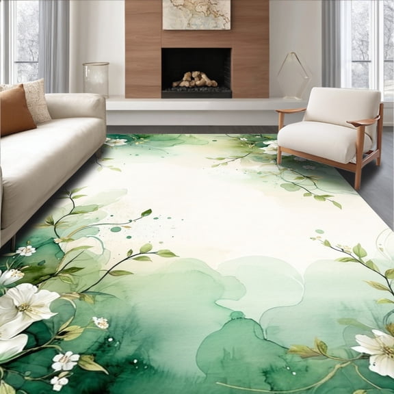 ODIKA 4'x6' Machine Washable Non-Slip Area Rug, Spring Cascade Watercolor Floral Motif High Traffic Rug, Green, 204814