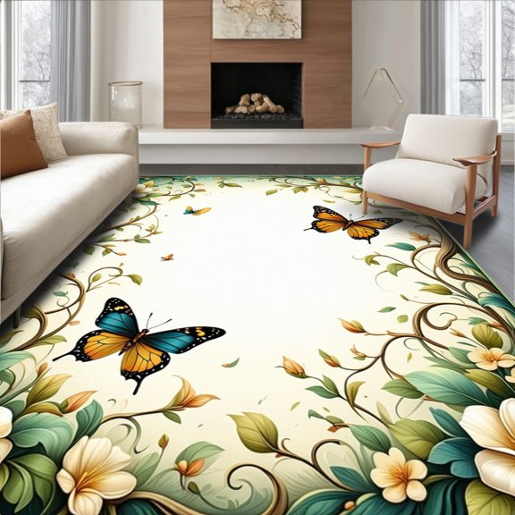 Flatwoven High Traffic Area Rug, Spring Garden Harmony Featuring Fluttering Wings and Leafy Flourishes, Non Slip, Stain Resistant, Washable Area Rugs for Living Room, Bedroom(Ivory, 3X5)