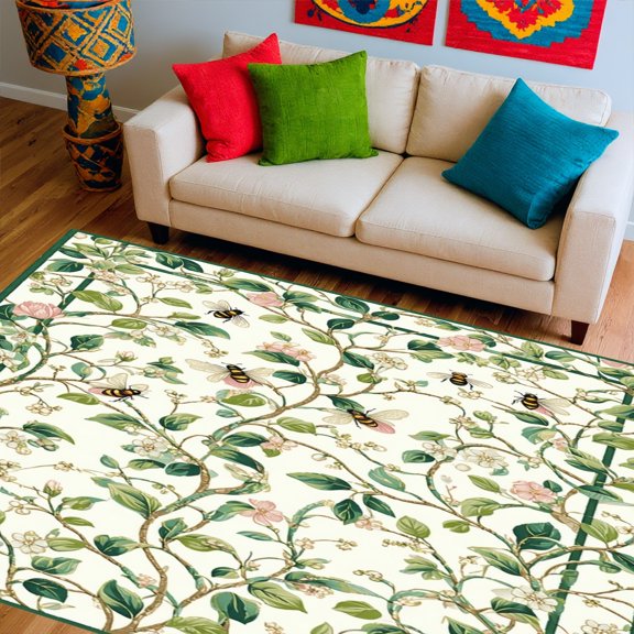 Flatwoven High Traffic Area Rug, Spring Garden with Interlocking Leaf Vines and Delicate Beetle Illustrations, Non Slip, Stain Resistant, Washable Area Rugs for Living Room, Bedroom(Green, 6X9)