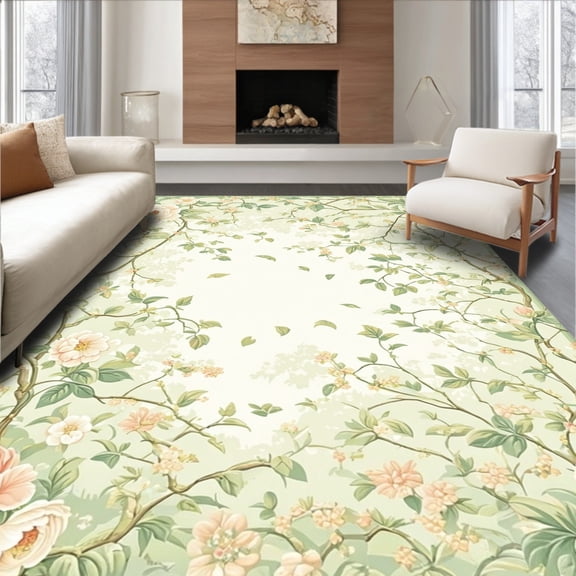 Flatwoven High Traffic Area Rug, Springtime Blossom, Non Slip, Stain Resistant, Washable Area Rugs for Living Room, Bedroom(Ivory, 4X6)