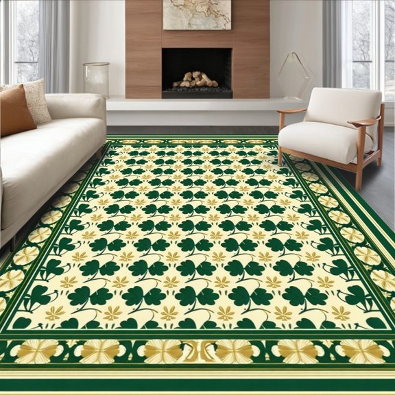Flatwoven High Traffic Area Rug, St Patrick Day Welcome Lucky Charm Green Doormat for Front Door, Non Slip, Stain Resistant, Washable Area Rugs for Living Room, Bedroom(Green, 3X5)