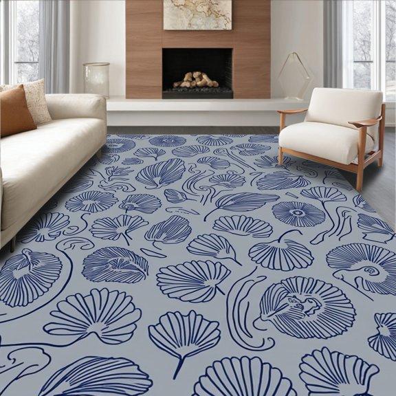 Flatwoven High Traffic Area Rug, Starfish & Seashell, Non Slip, Stain Resistant, Washable Area Rugs for Living Room, Bedroom(Gray, 6X6)