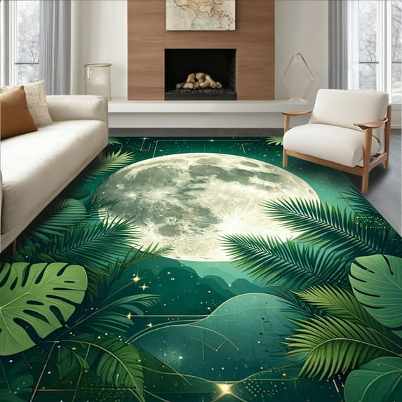 ODIKA 8'x10' Machine Washable Non-Slip Area Rug, Starry Monstera with Pine Arbor Flutter and Emerald Flair High Traffic Rug, Green, 198589