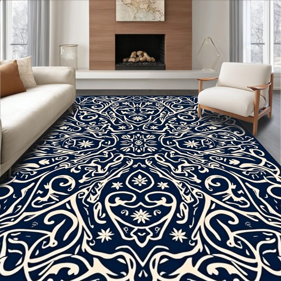 Flatwoven High Traffic Area Rug, Starry Night Runner Celestial Spiral Motif, Non Slip, Stain Resistant, Washable Area Rugs for Living Room, Bedroom(Navy, 2X3)