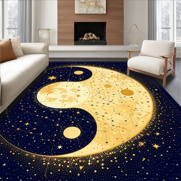 ODIKA 8'x10' Machine Washable Non-Slip Area Rug, Starry Night Yin Yang High Traffic Rug, Gold, 1726