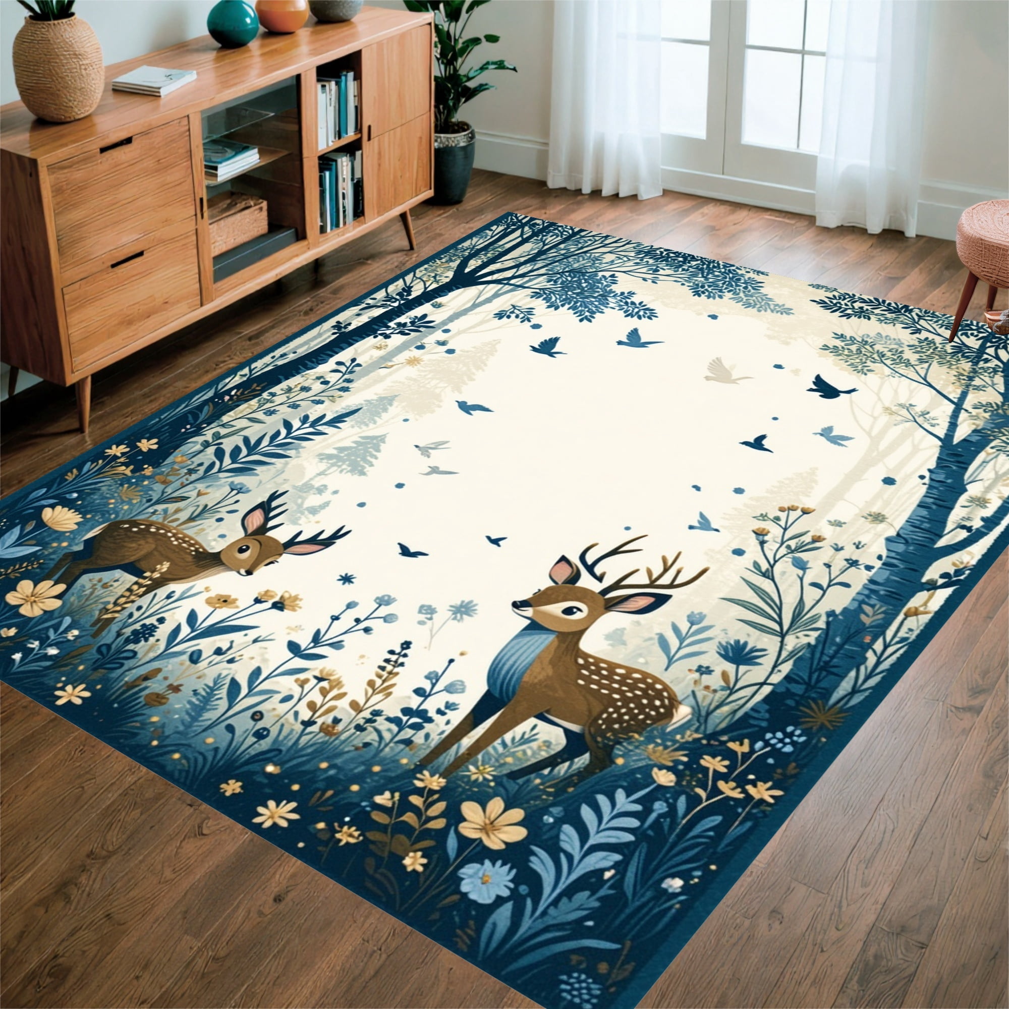 Flatwoven High Traffic Area Rug, Steel Blue Whimsical Woodland ...