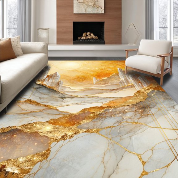 ODIKA 4'x6' Machine Washable Non-Slip Area Rug, Stellar Sunrise Geode with Diverse Shining Tufted Accents High Traffic Rug, Gold, 187608