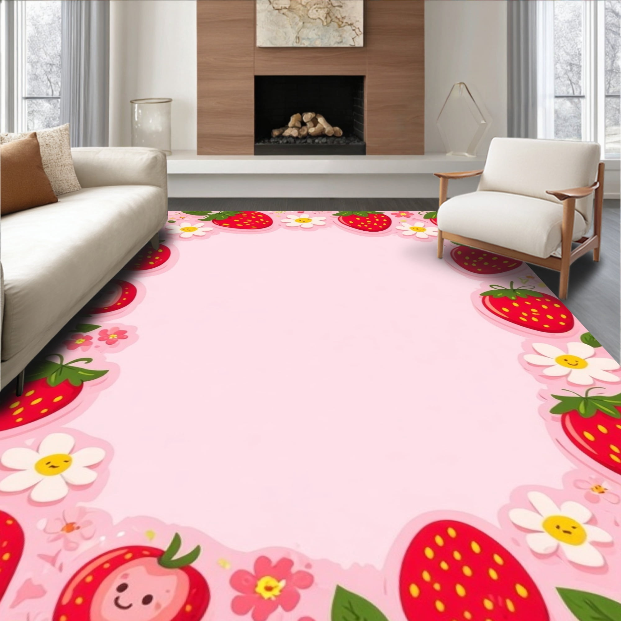 Stawberry Rug ODIKA 6'x9' Machine Washable Non-Slip Area Rug, Strawberry with Cartoon ...