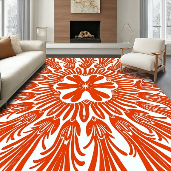 Flatwoven High Traffic Area Rug, Striking Abstract Floral Design in Bright Orange and White Palette, Non Slip, Stain Resistant, Washable Area Rugs for Living Room, Bedroom(Orange, 6X9)