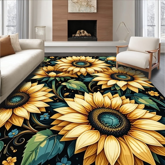 ODIKA 2'x3' Machine Washable Non-Slip Area Rug, Striking Black Background Design High Traffic Rug, Yellow, 28873