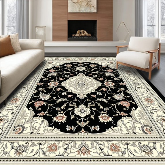 ODIKA 3'x5' Machine Washable Non-Slip Area Rug, Striking Black and Ivory Trellis High Traffic Rug, Black, 22811