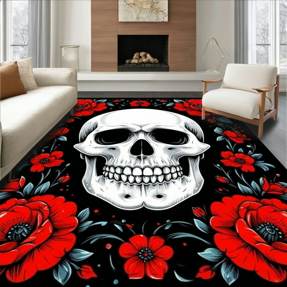ODIKA 4'x6' Machine Washable Non-Slip Area Rug, Striking Dark Floral Aesthetic High Traffic Rug, Red, 19257