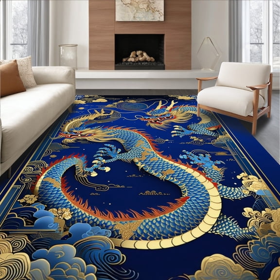 ODIKA 2'x3' Machine Washable Non-Slip Area Rug, Striking Dragon Art High Traffic Rug, Blue, 14406