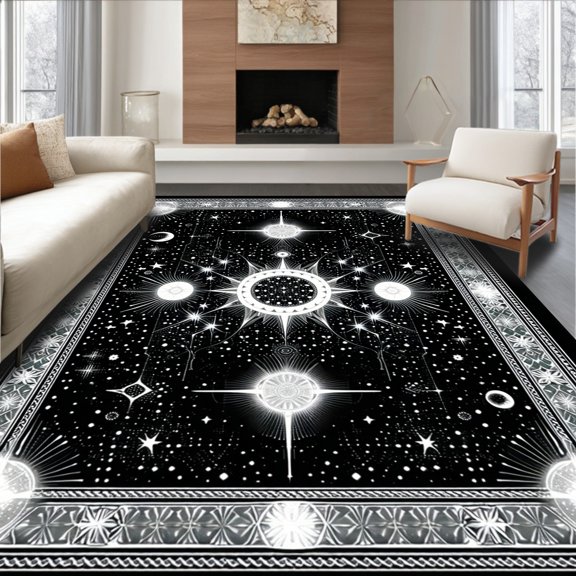 Flatwoven High Traffic Area Rug, Striking Sun and Moon Abstract Theme, Non Slip, Stain Resistant, Washable Area Rugs for Living Room, Bedroom(Black, 2X3)