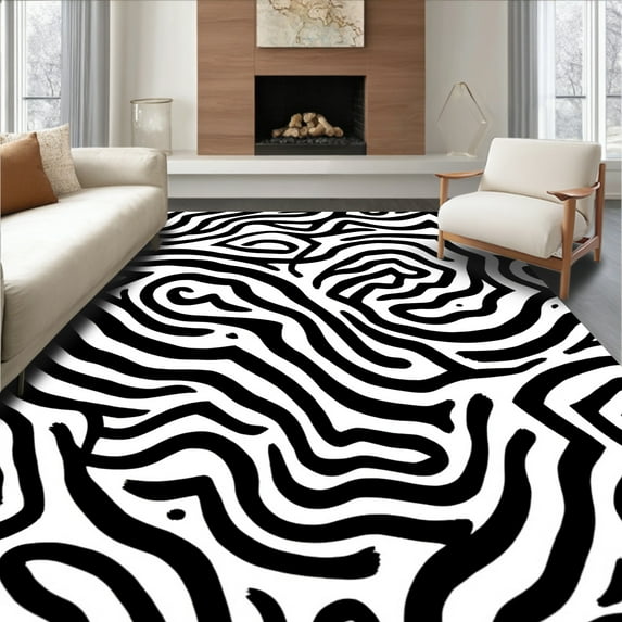 ODIKA 6' Machine Washable Non-Slip Area Rug, Striking Zebra Print Design Elegant Artistic Flair High Traffic Rug, Black, 310947