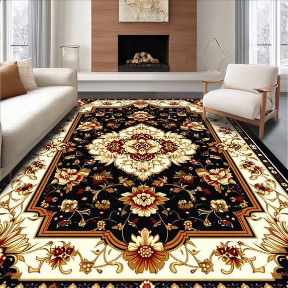 ODIKA 4'x6' Machine Washable Non-Slip Area Rug, Stunning Floral Medallion High Traffic Rug, Black, 152018