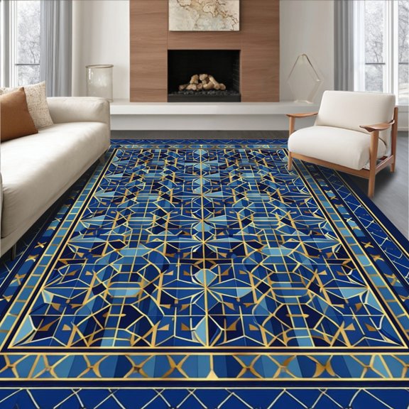 Flatwoven High Traffic Area Rug, Stunning Tile Design, Non Slip, Stain Resistant, Washable Area Rugs for Living Room, Bedroom(Blue, 2X3)