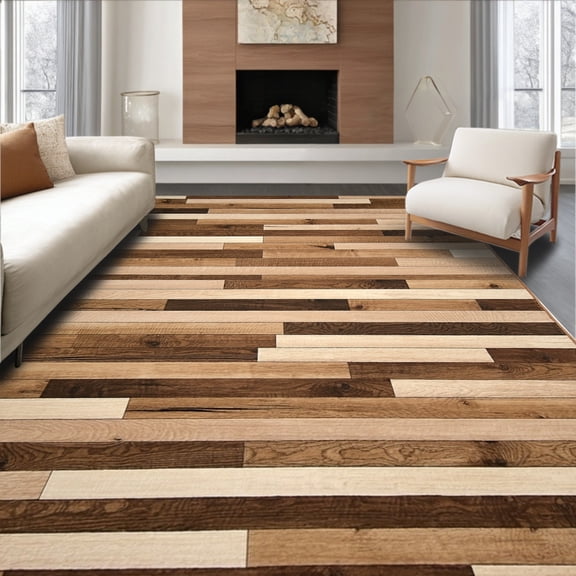 ODIKA 5'x7' Machine Washable Non-Slip Area Rug, Stunning Wood Effect Modern High Traffic Rug, Brown, 88786