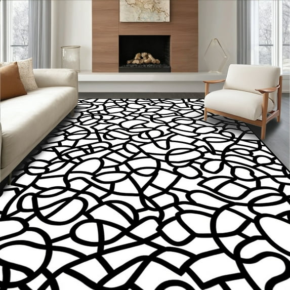 ODIKA 8' Machine Washable Non-Slip Area Rug, Stylish Abstract Wave Design with Flowing Curves and Shapes High Traffic Rug, Black, 293427