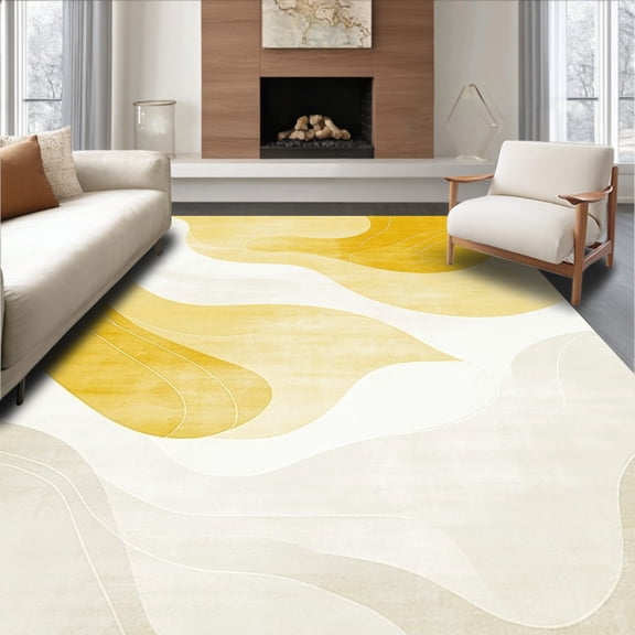 ODIKA 4'x6' Machine Washable Non-Slip Area Rug, Stylish with Artistic Swirls in Neutral Colors High Traffic Rug, Yellow, 75813