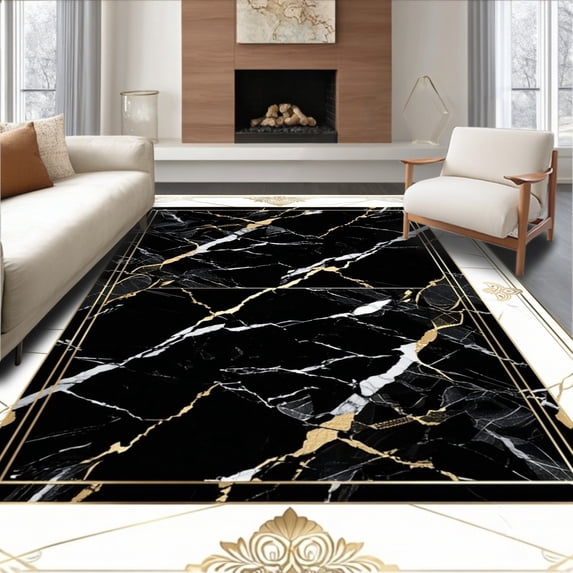 ODIKA 6'x9' Machine Washable Non-Slip Area Rug, Stylish Black Gold Marble Door High Traffic Rug, Black, 100935