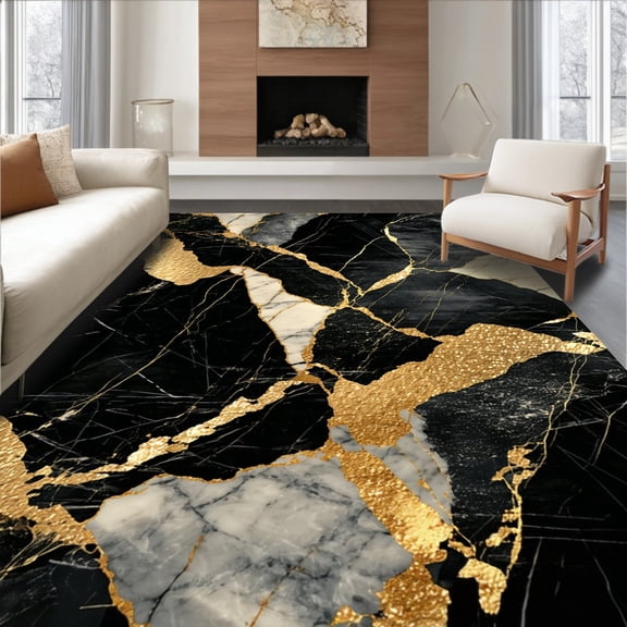 ODIKA 8'x10' Machine Washable Non-Slip Area Rug, Stylish Black Gold Marble Stone Effect Floor High Traffic Rug, Black, 83174
