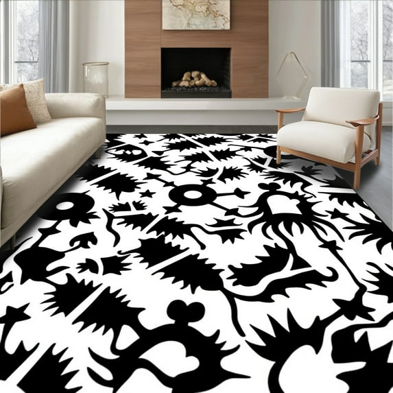 ODIKA 3'x5' Machine Washable Non-Slip Area Rug, Stylish Black and Abstract Animal Motif for Artistic Appeal High Traffic Rug, Black, 304662