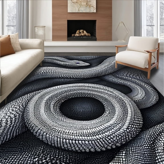 ODIKA 4'x6' Machine Washable Non-Slip Area Rug, Stylish Black And Abstract Snake With Non Slip Feature High Traffic Rug, Gray, 39774