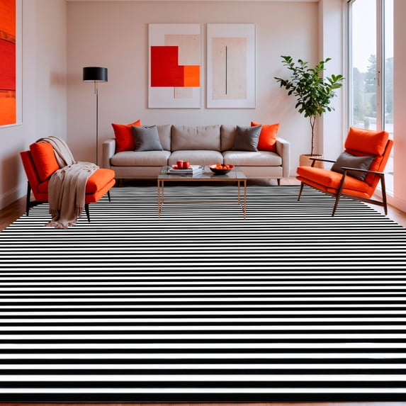 ODIKA 3'x5' Machine Washable Non-Slip Area Rug, Stylish Black & Striped High Traffic Rug, Black, 142521