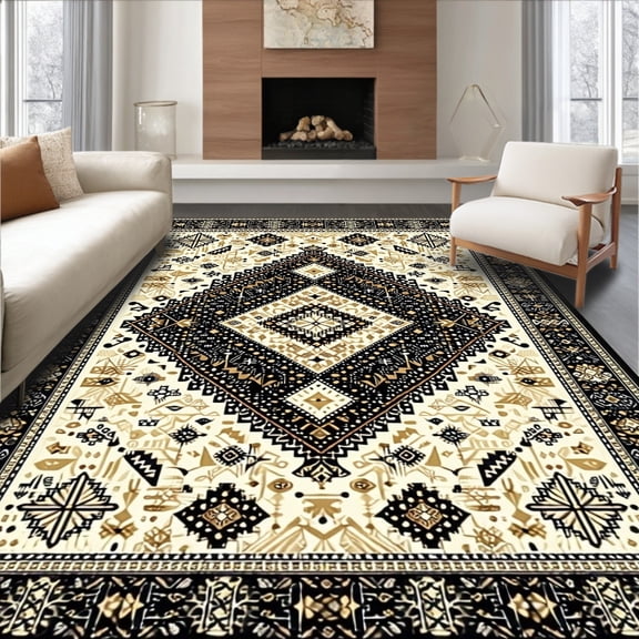 ODIKA 4'x6' Machine Washable Non-Slip Area Rug, Stylish Boho with Intricate Black and Tan High Traffic Rug, Black, 62859