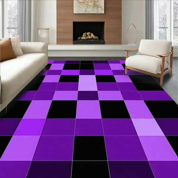 Flatwoven High Traffic Area Rug, Stylish Checkered Purple and Black Geometric Runner, Non Slip, Stain Resistant, Washable Area Rugs for Living Room, Bedroom(Purple, 4X6)