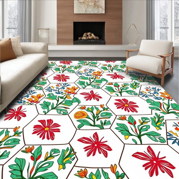 Flatwoven High Traffic Area Rug, Stylish Interlocking Hexagons with Nature Inspired Elements, Non Slip, Stain Resistant, Washable Area Rugs for Living Room, Bedroom(Red, 2X3)