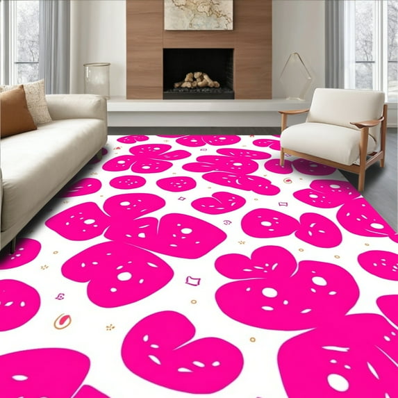 Flatwoven High Traffic Area Rug, Stylized Feline Spot Motif with Interwoven Pink and Magenta Blotches Highlights, Non Slip, Stain Resistant, Washable Area Rugs for Living Room, Bedroom(Pink, 8X8)